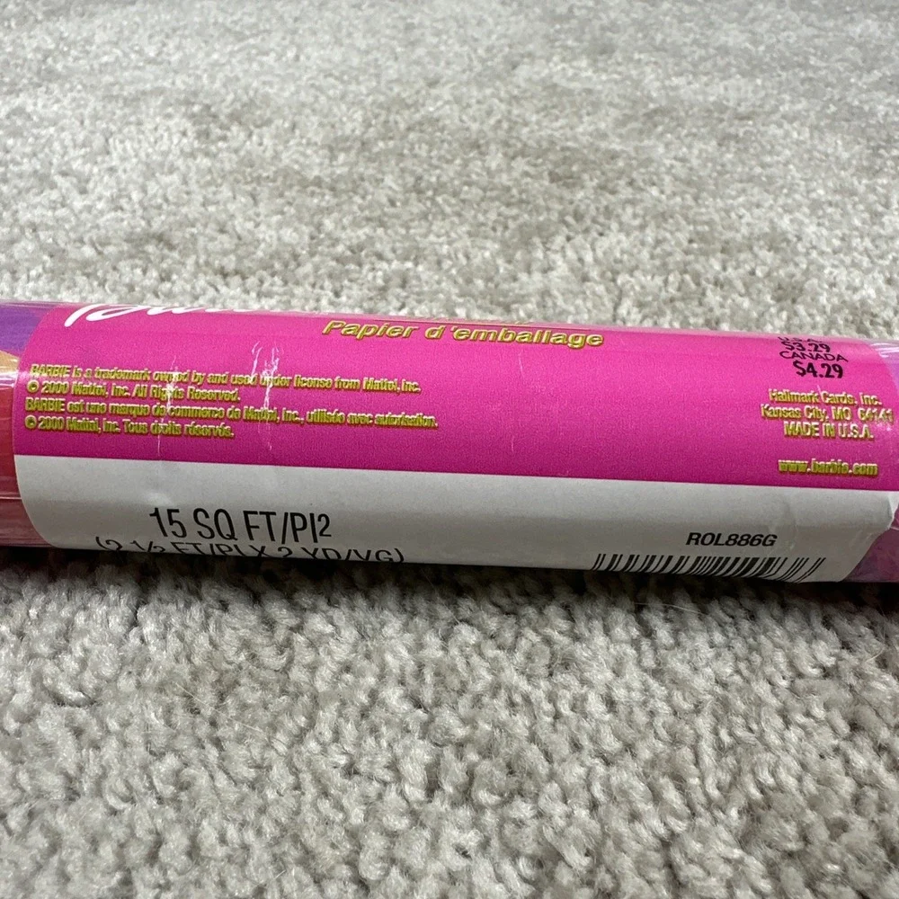 Vintage Barbie Y2K 2000 Mattel Pink Barbie Gift Wrap Wrapping Paper 15 sq ft